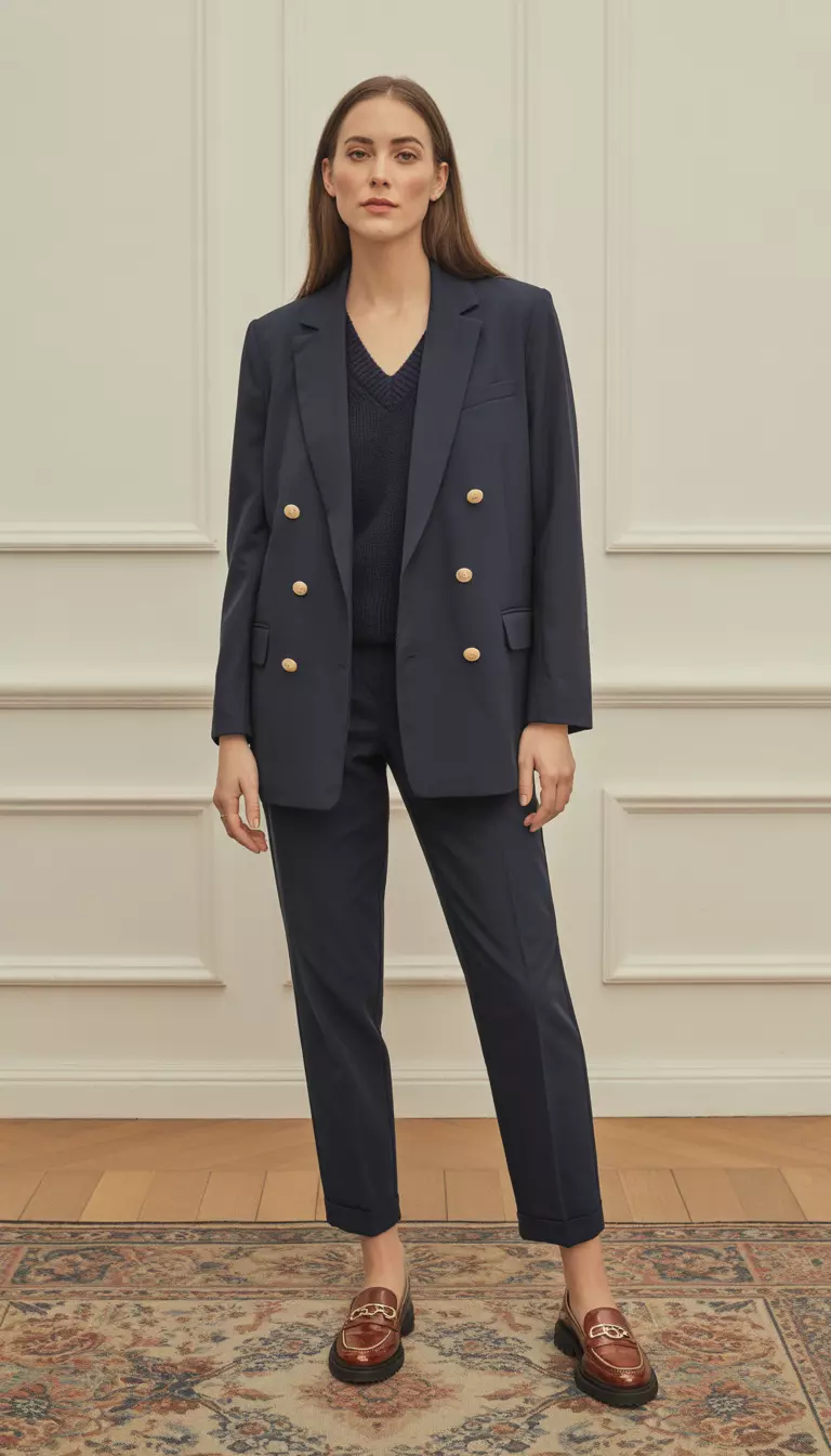 A beautiful woman in a navy boxy gold buttoned blazer, navy trousers, navy v-neck sweater, and brown leather loafers, female fashion model full body shot, editorial style photography.