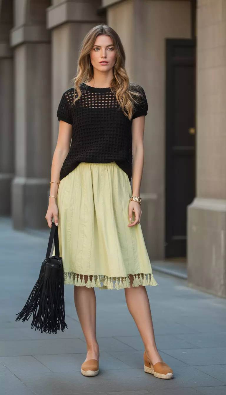 A beautiful woman in a sunshine yellow tassel hem skirt, black knit top, black fringed bag, and tan espadrilles, female fashion model full body shot, editorial style photography.