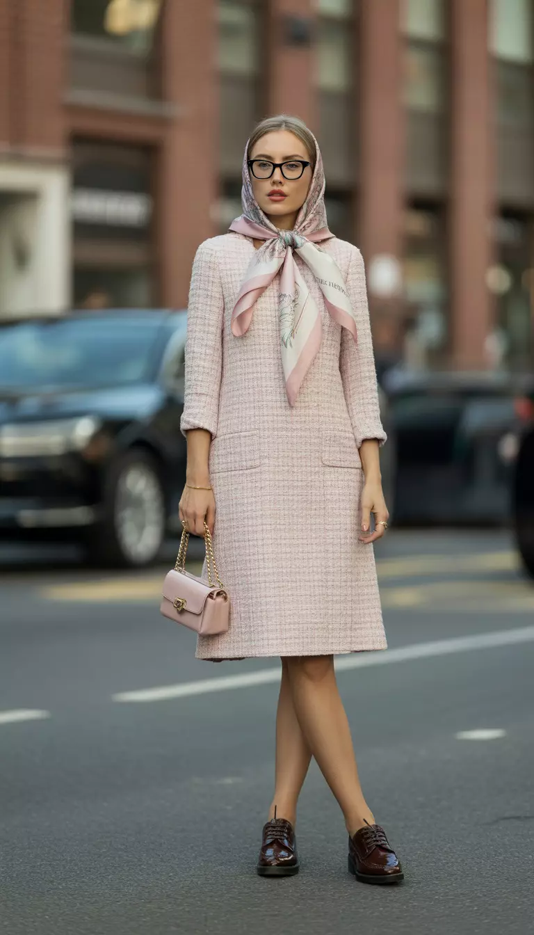 A beautiful woman in a blush pink tweed dress, babushka silk scarf, brown leather brogues, and a gold glasses chain, female fashion model full body shot, editorial style photography.