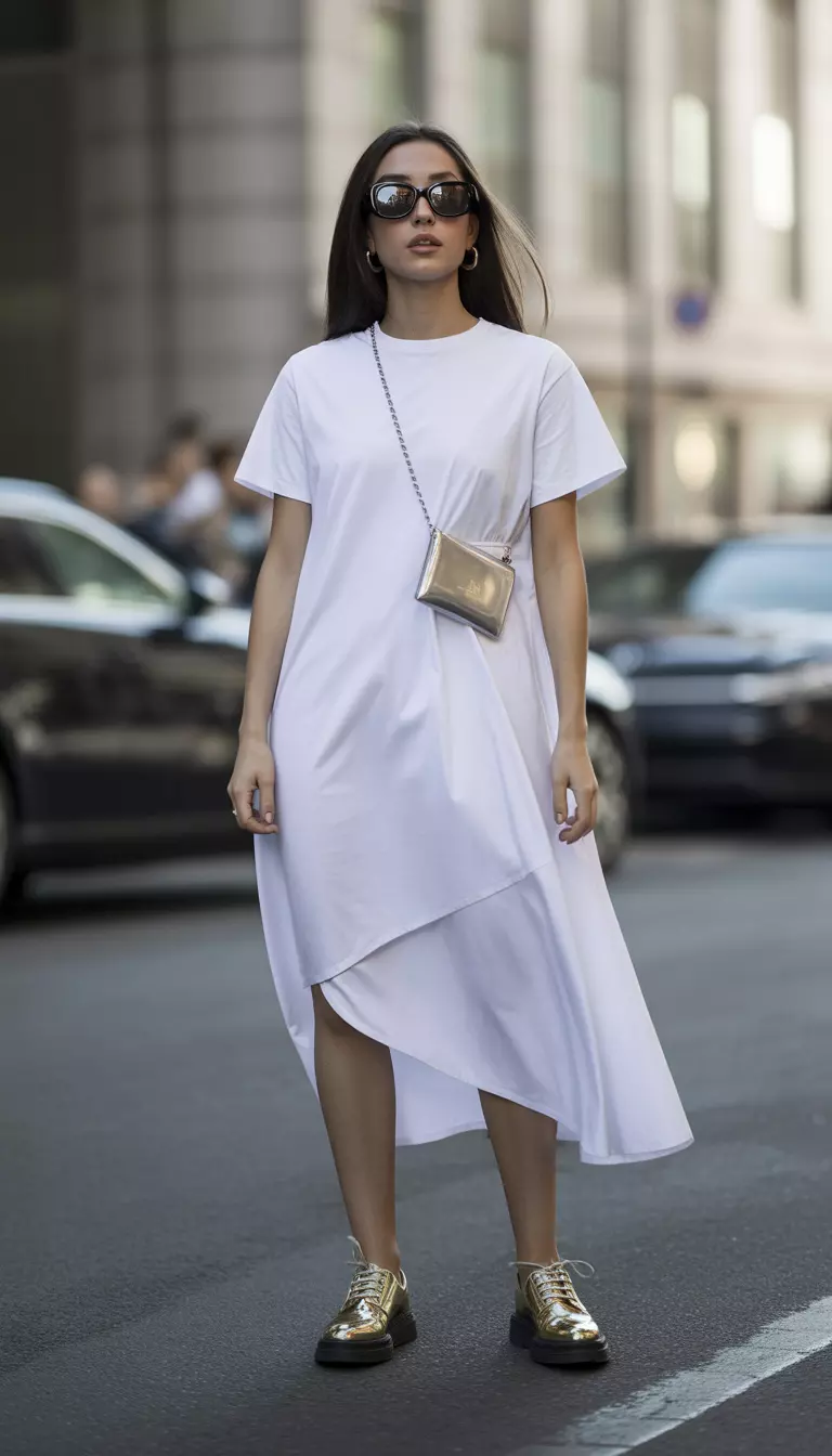 A beautiful woman in a cloud white asymmetrical midi dress, black oversized sunglasses, gold derbies, and a silver wallet chain, female fashion model full body shot, editorial style photography.