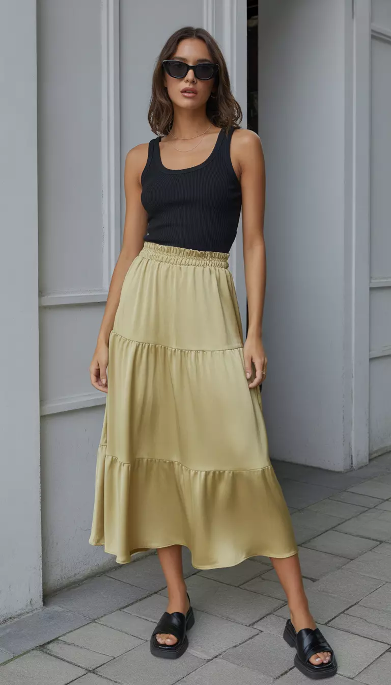 A beautiful woman in a butter yellow satin tiered midi skirt, black ribbed tank top, and black oversized sunglasses, female fashion model full body shot, editorial style photography.