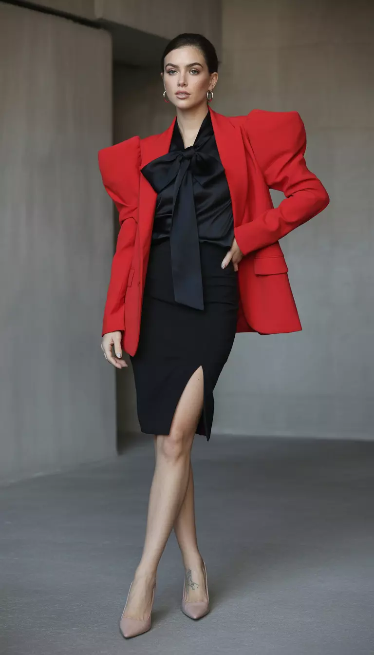 A beautiful woman in a fire engine red exaggerated shoulder blazer, black pussy bow blouse, black slim pencil skirt, and nude pointed pumps, female fashion model full body shot, editorial style photography.