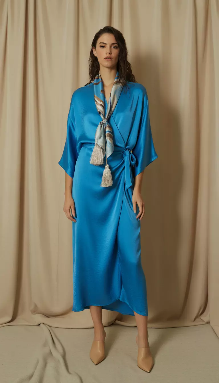 A beautiful woman in a cerulean blue draped silk robe dress, tassel silk scarf, and nude leather mules, female fashion model full body shot, editorial style photography.