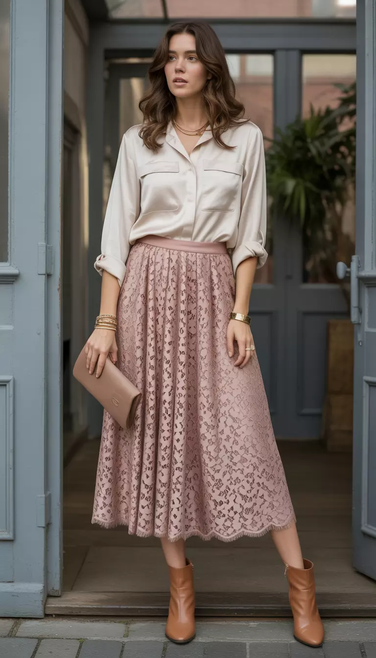 A beautiful woman in a blush pink lace midi skirt, cream silk blouse, tan leather boots, and gold bracelets, female fashion model full body shot, editorial style photography.