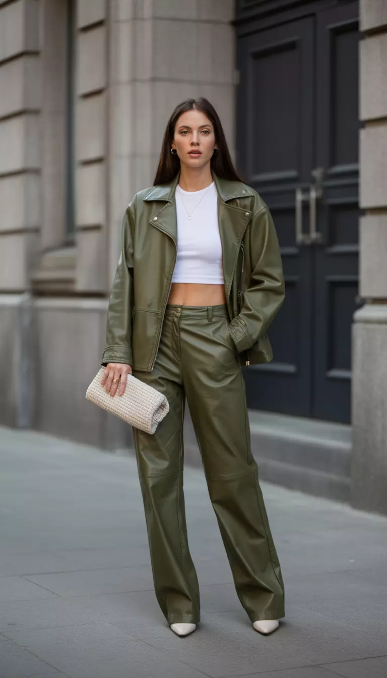A beautiful woman in an olive green leather jacket, olive green leather pants, white crop top, and a textured cream clutch, female fashion model full body shot, editorial style photography.