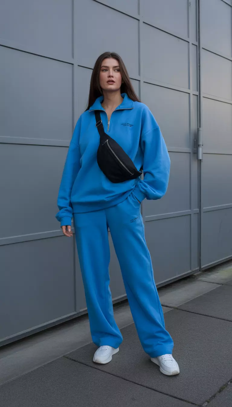 A beautiful woman in a cerulean blue track pants set, loose cerulean blue quarter zip pullover, white sneakers, and a black oversized crossbody bag, female fashion model full body shot, editorial style photography.