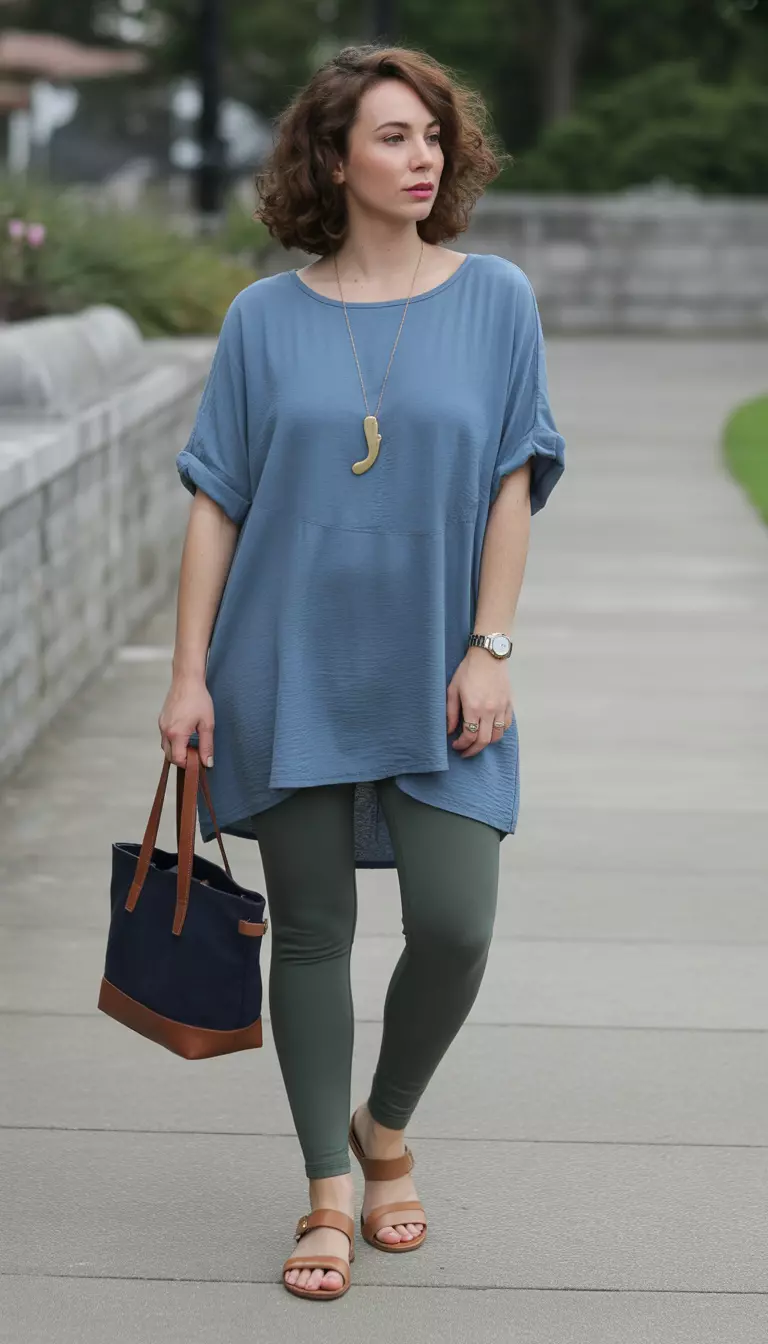 A beautiful woman in a calming blue tunic, green leggings, tan sandals, a gold functional necklace, and a navy mini tote.