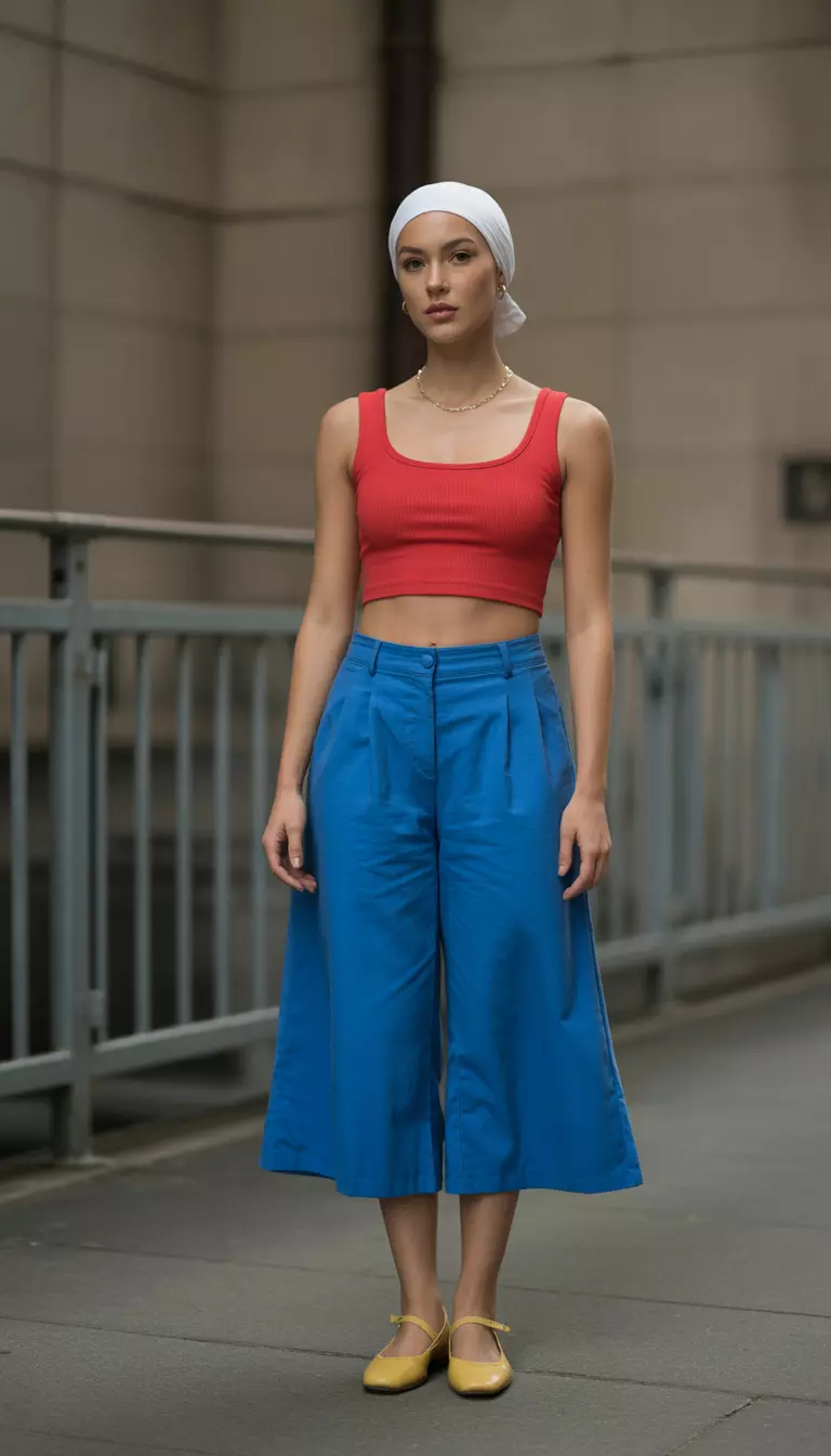 A beautiful woman in a fire engine red crop top, cerulean blue culottes, yellow ballet flats, and a white headscarf.