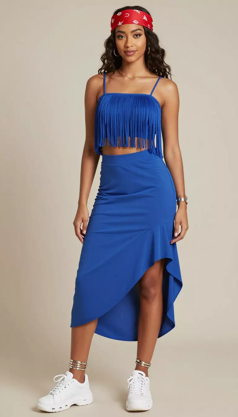 A beautiful woman in a cerulean blue asymmetrical skirt, matching blue cropped fringe top, white cloud dancer sneakers, a fire engine red headscarf, and metallic ankle bracelets.