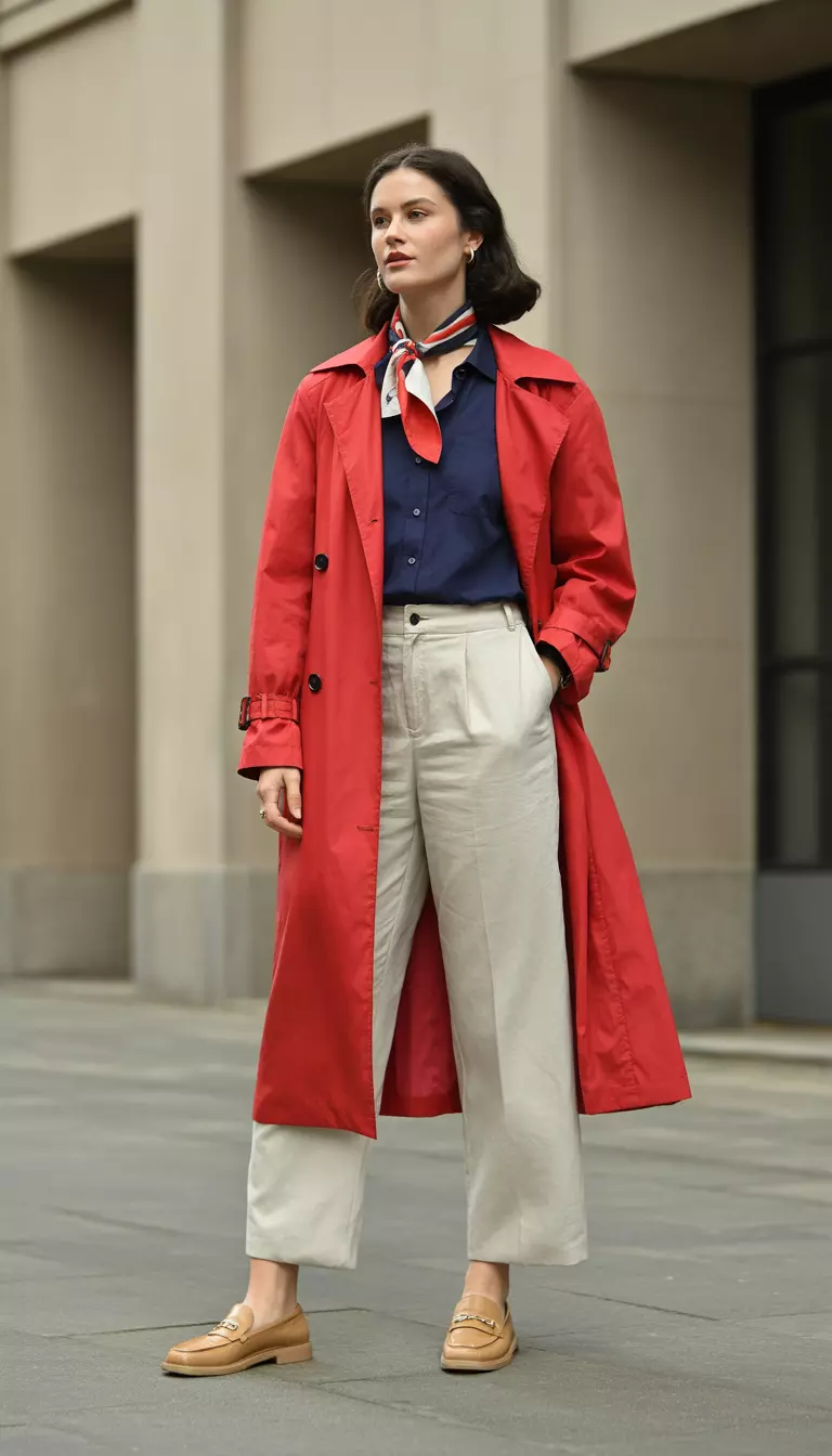 A beautiful woman in a fire engine red lightweight trench coat, navy blue button up shirt, cream linen trousers, tan loafers, and a bold primary color scarf.