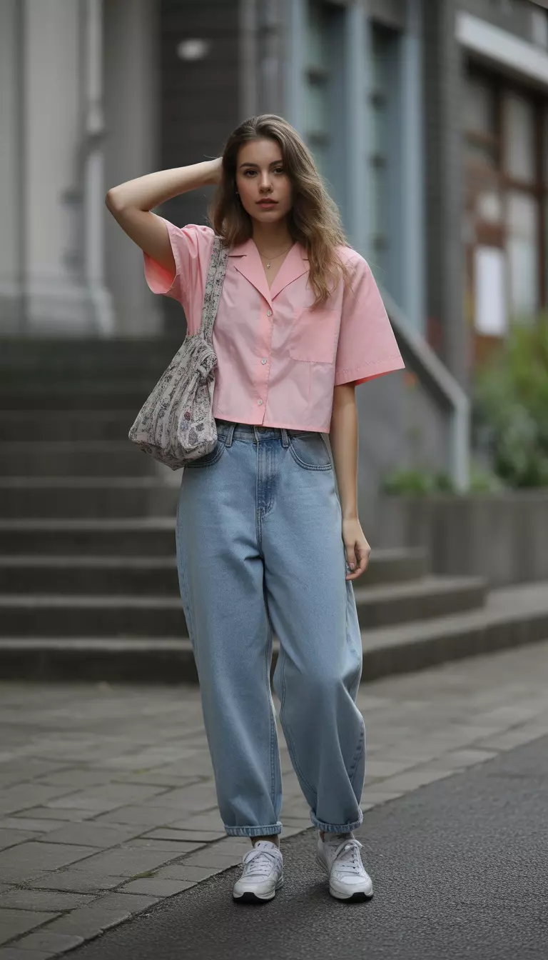 A beautiful woman in a pastel pink grade school blouse, faded blue baggy jeans, white sneakers, and a nostalgic bag.