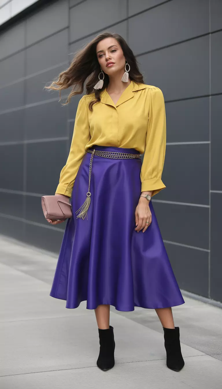 A beautiful woman in a royal purple statement skirt, sunshine yellow blouse, black ankle boots, a chain belt, and tassel earrings.