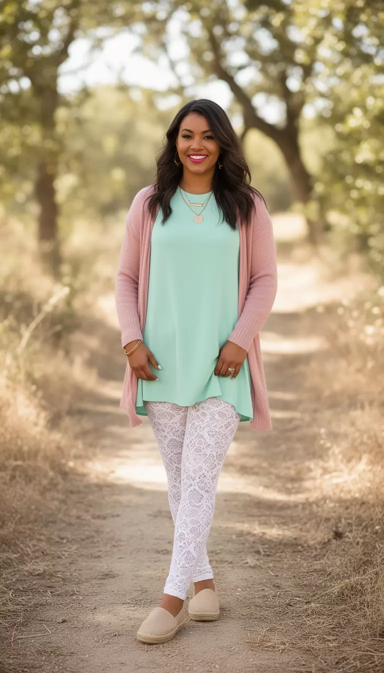 A beautiful woman in a mint green tunic, powder pink shrug, lacy white leggings, beige espadrilles, and functional gold jewelry.