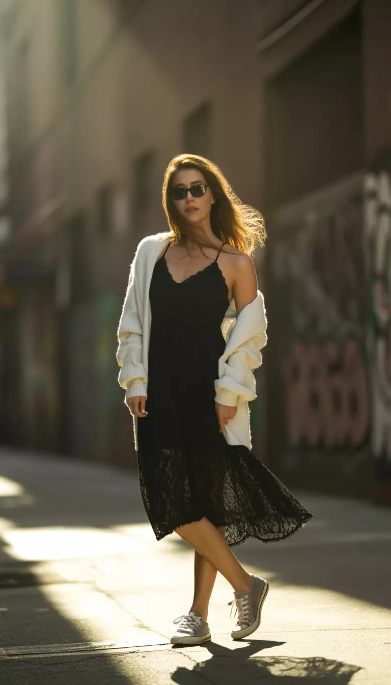 A beautiful woman in a black lacy dress, white shrugged cardigan, grey sneakers, and bold black sunglasses.