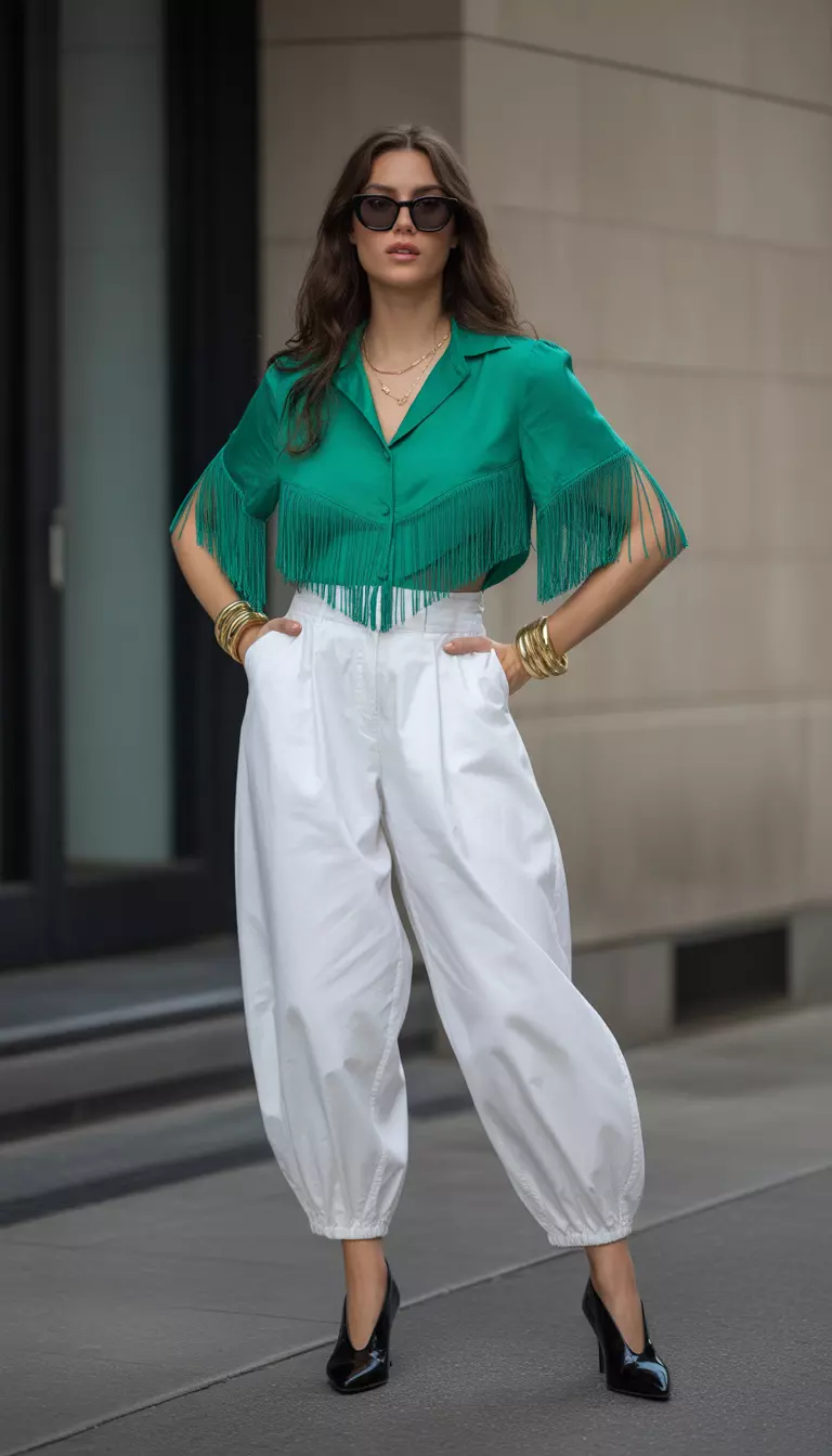 A beautiful woman in an emerald green fringed blouse, cloud white high waisted balloon pants, black v cut vamp shoes, gold bangles, and oversized sunglasses.