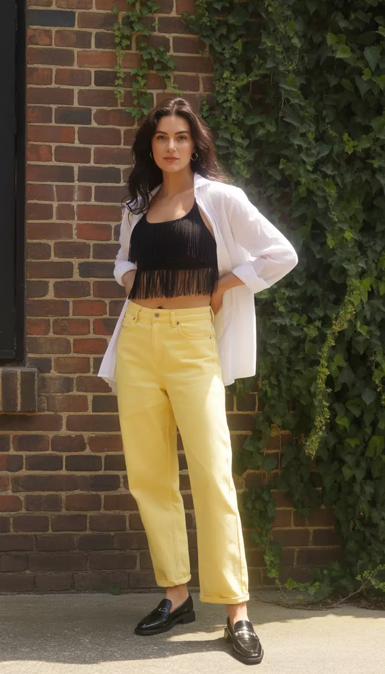 A beautiful woman in sunshine yellow baggy jeans, black fringe crop top, white shrug, and black v cut loafers.