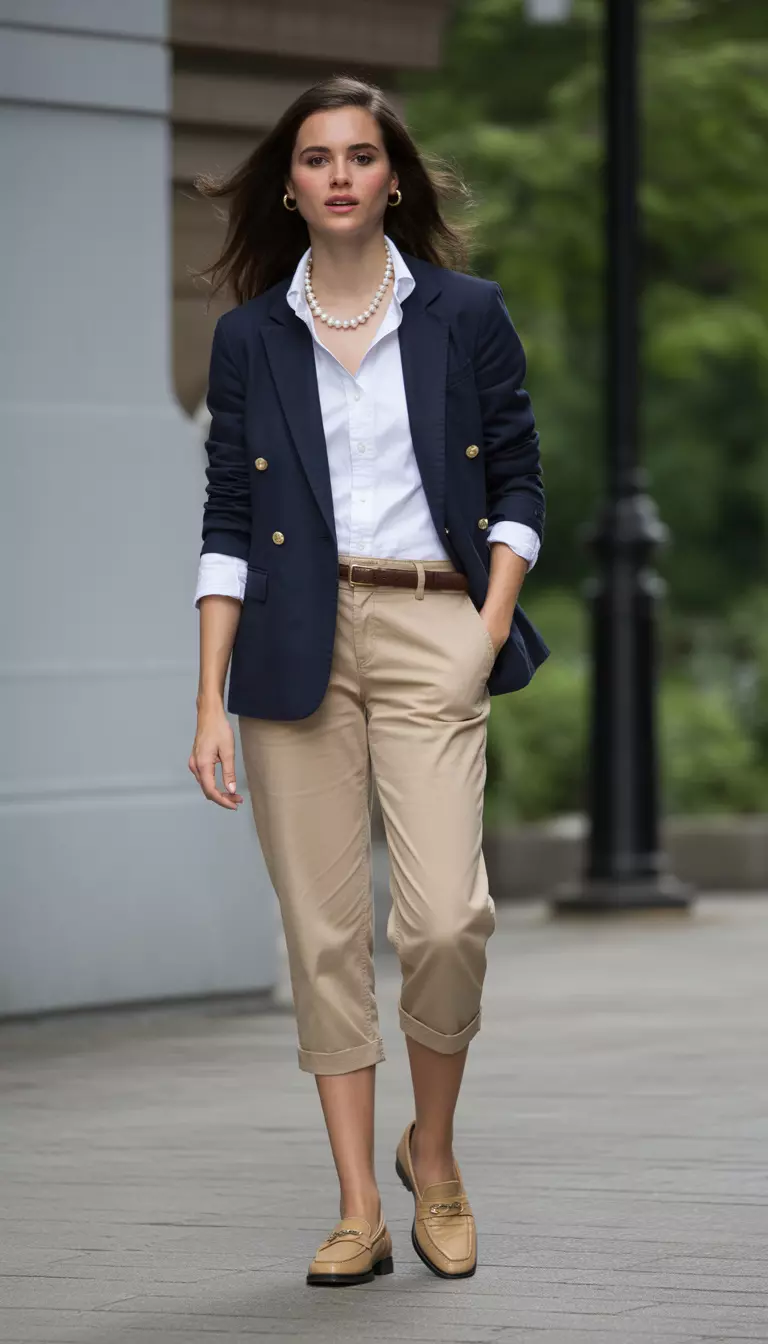 A beautiful woman in a navy blue blazer, white button down shirt, khaki capris, tan loafers, and a strand of white pearls.