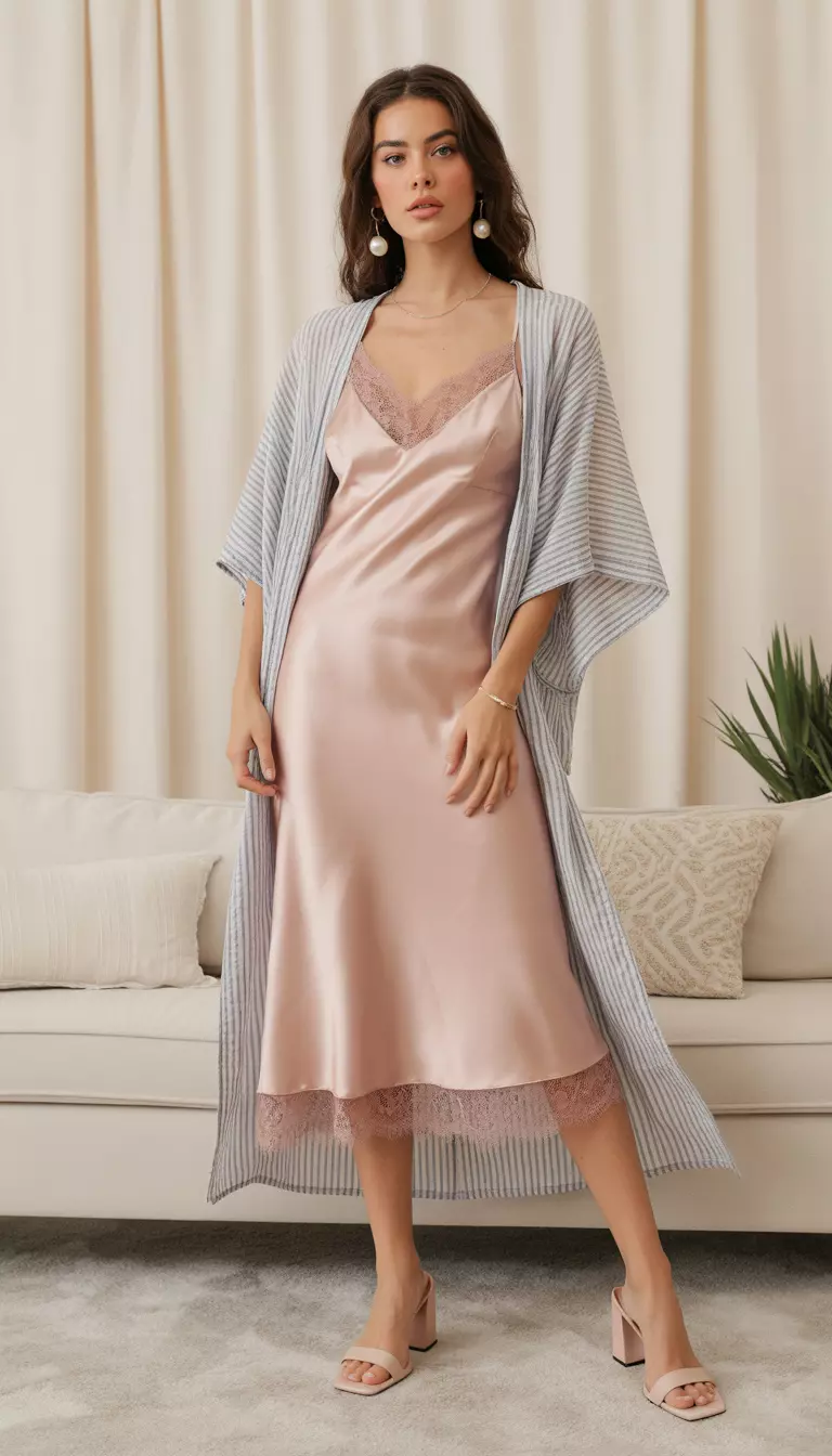 A beautiful woman in a powder pink slip dress with lace trim, summer grey kimono, nude block heels, and pearl drop earrings.