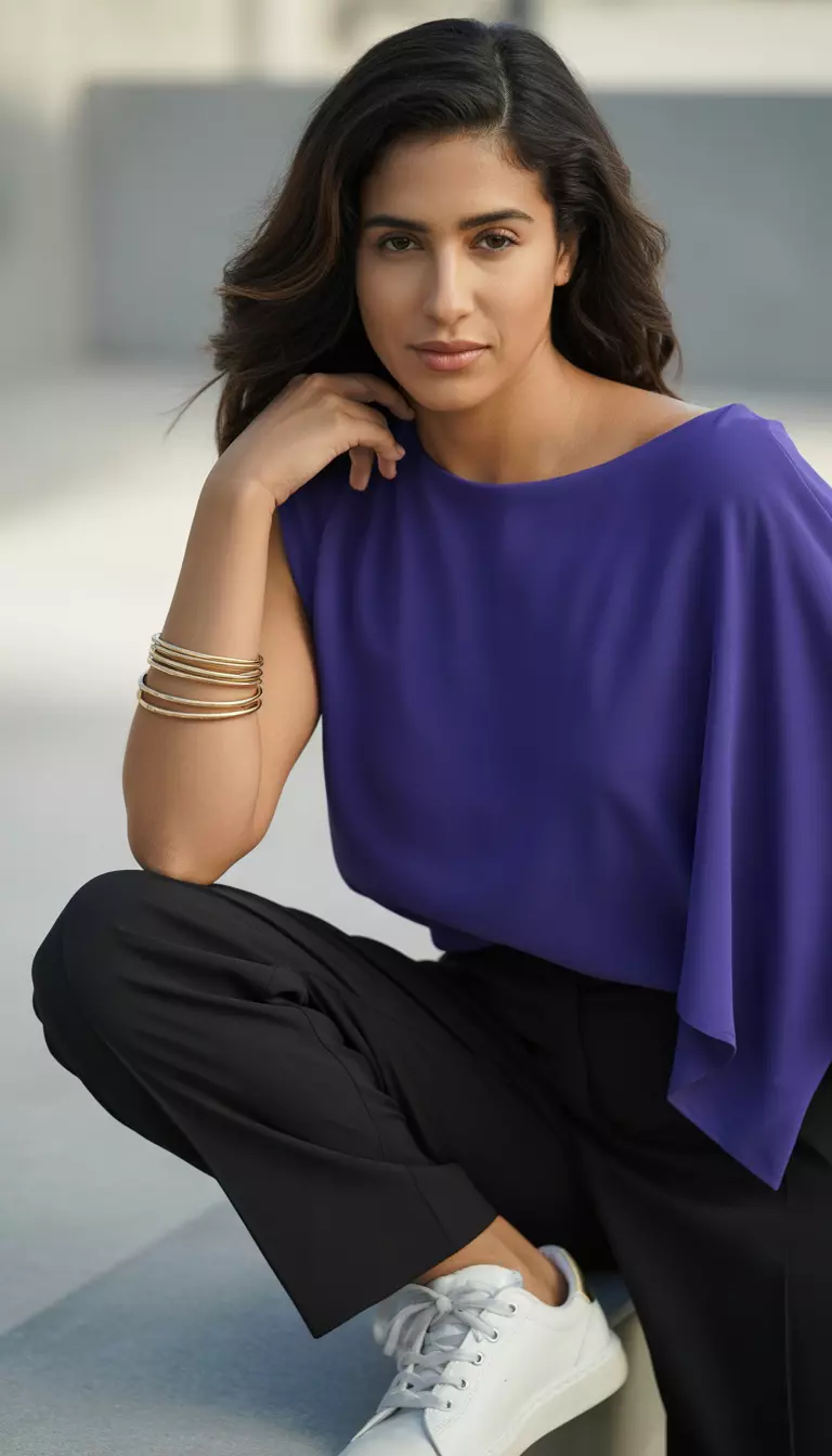 A beautiful woman in a royal purple asymmetrical top, black trousers, white sneakers, and gold bangle bracelets.