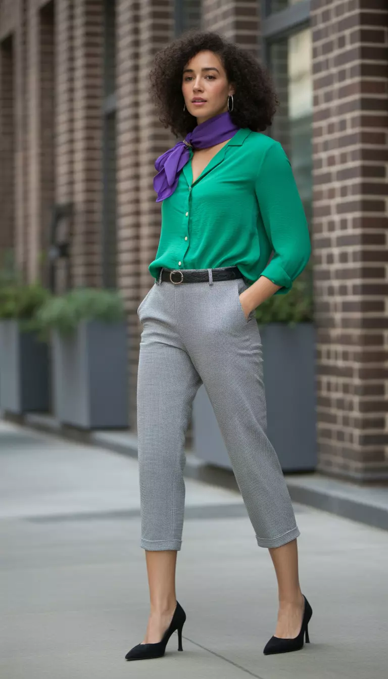 A beautiful woman in summer grey capris, an emerald green blouse, black v cut vamp heels, and a royal purple scarf.