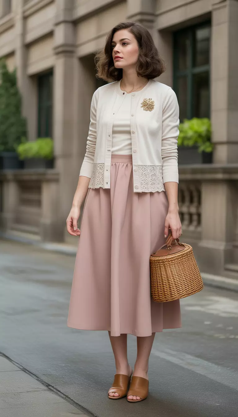 A beautiful woman in a blush pink midi skirt, cream cardigan with lace detail, tan mules, and a decorative gold brooch.