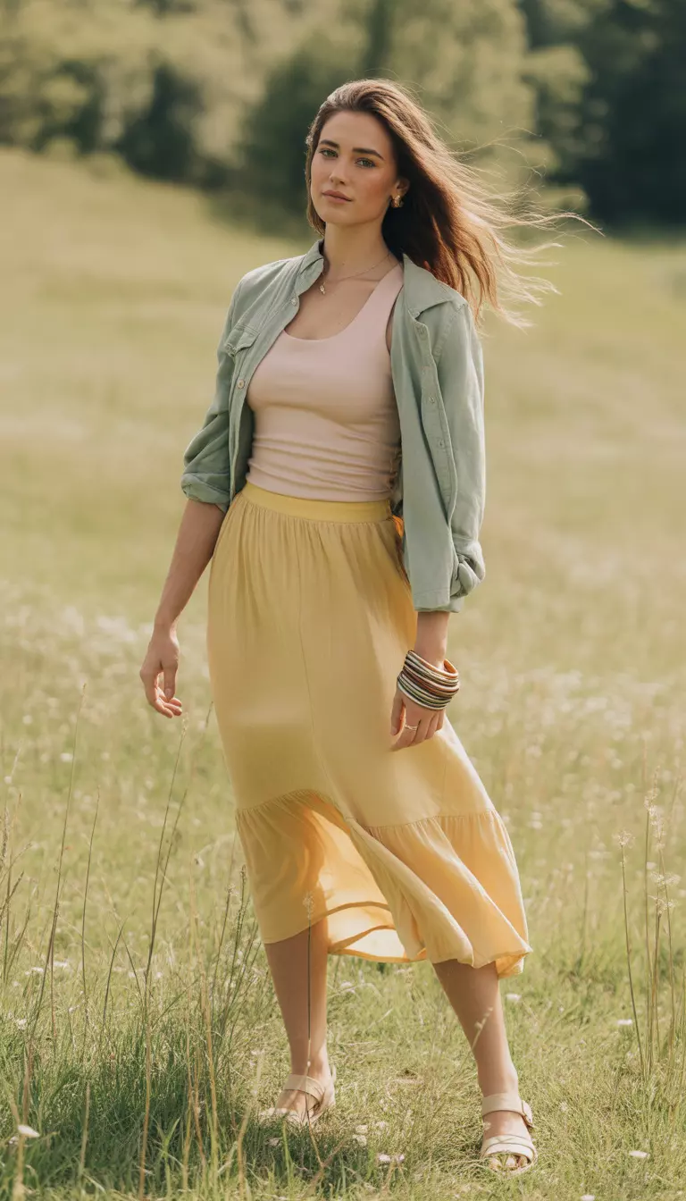 A beautiful woman in a blush pink tank, yellow skirt, green lightweight jacket, beige sandals, and mixed metal bangles.
