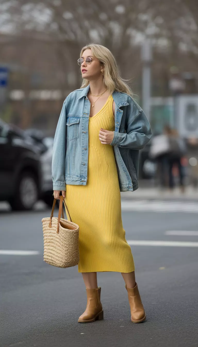 A beautiful woman in a sunshine yellow knit midi dress, light denim jacket, camel boots, and a woven tote bag.