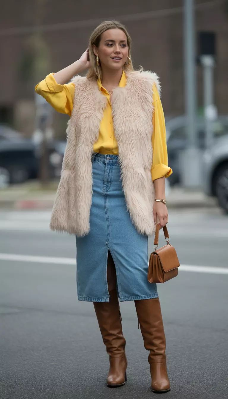 A beautiful woman in a cream faux fur vest, sunshine yellow blouse, mid wash denim midi skirt, and brown knee high boots.