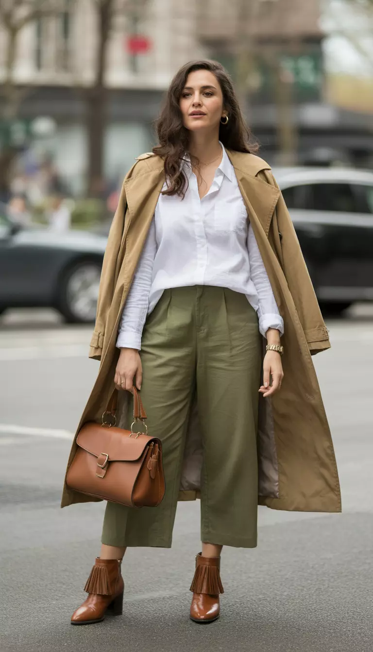 A beautiful woman in brown tassel ankle boots, olive green wide leg pants, white linen blouse, and a tan trench coat.