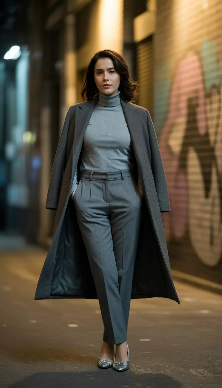 A beautiful woman in a long grey coat, grey turtleneck sweater, grey wool pants, and silver ballet flats.