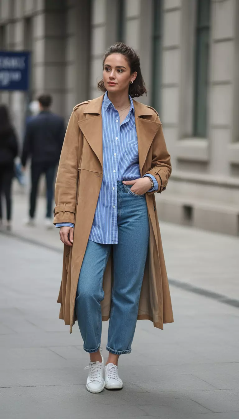 A beautiful woman in a camel suede trench coat, blue and white striped button down shirt, straight leg blue jeans, and white leather sneakers.