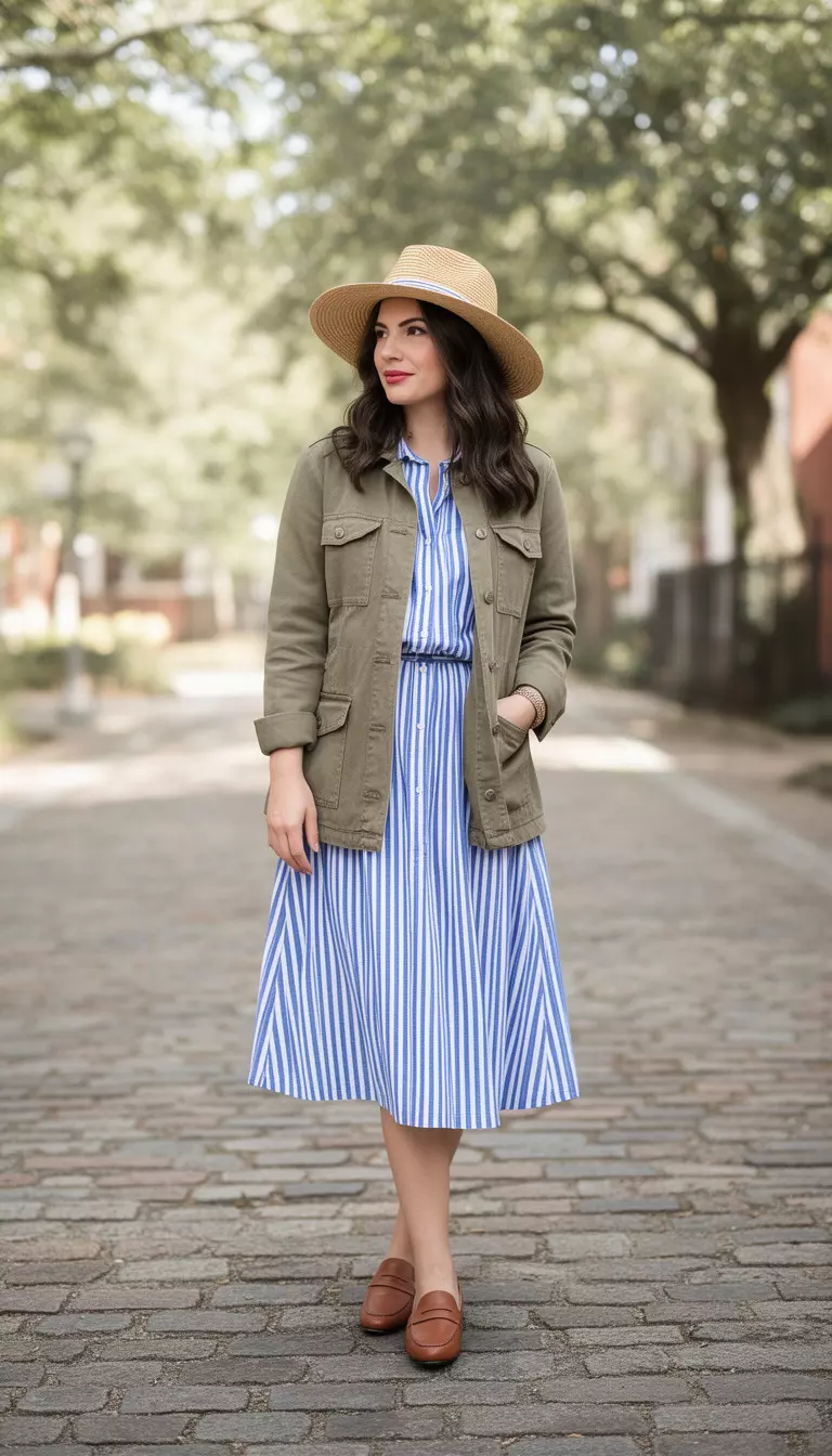 A beautiful woman in a blue and white striped shirt dress, khaki utility jacket, brown loafers, and a straw hat.