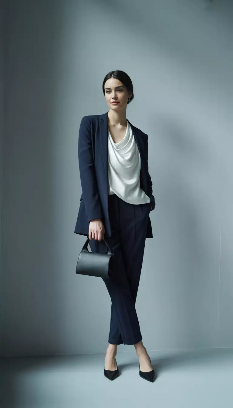 A beautiful woman in navy tailored pants, a white draped top, black minimalist handbag, and black fashion flats.