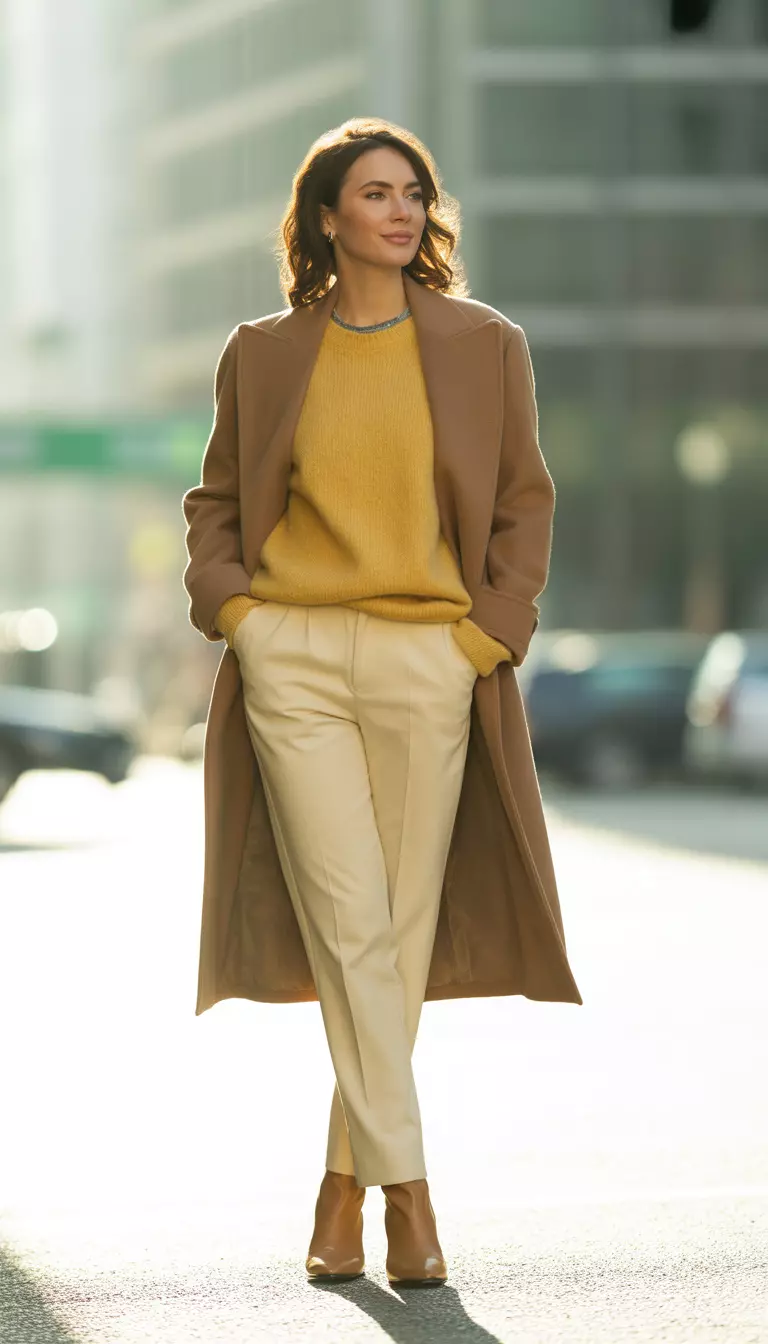A beautiful woman in a camel coat, cream trousers, sunshine yellow sweater, and tan boots.