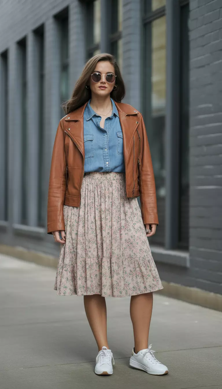 A beautiful woman in a denim chambray shirt, vintage floral skirt with pink and green flowers, brown leather jacket, and white sneakers.