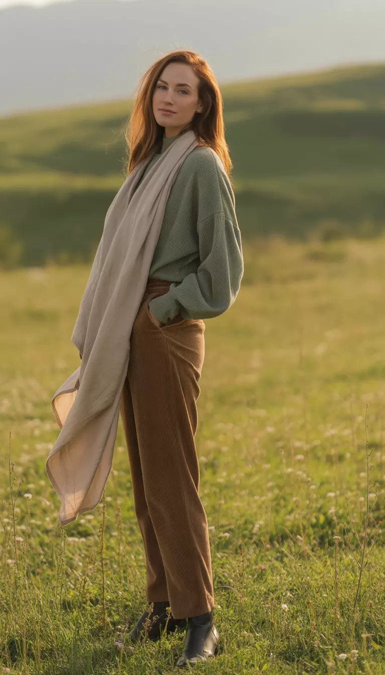 A beautiful woman in brown corduroy trousers, a sage green oversized sweater, beige scarf, and black leather boots.