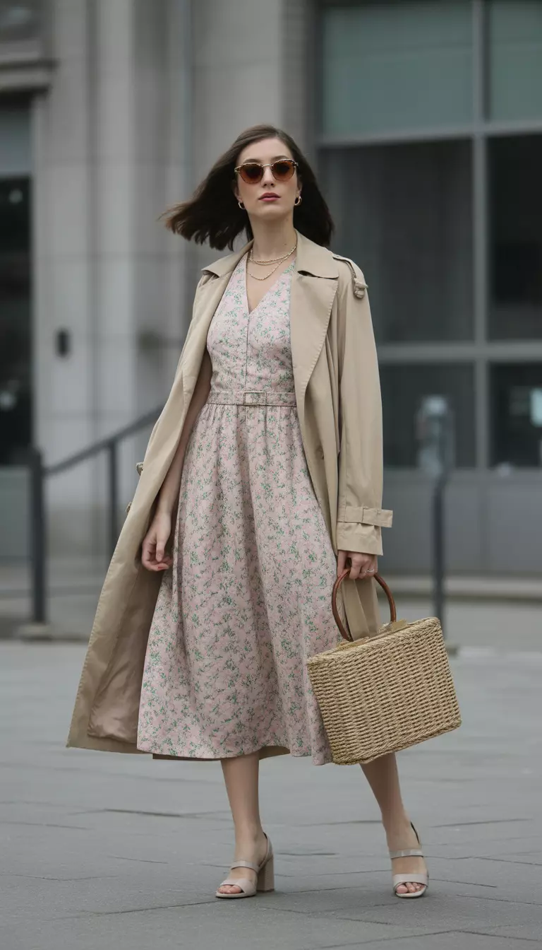 A beautiful woman in a vintage floral midi dress with pastel pink and green flowers, a beige trench coat, nude block heels, and a straw bag.