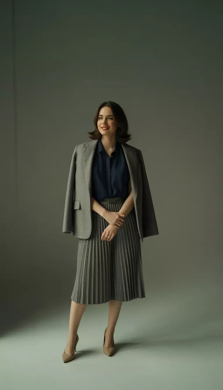 A beautiful woman in a grey pleated wool skirt, navy blouse, grey blazer, and nude heels.