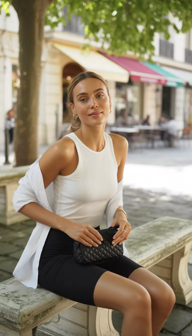 A beautiful woman in a white ribbed tank, black bike shorts, an open white button-down shirt, and a small black quilted bag, sitting outdoors near a cafe.
