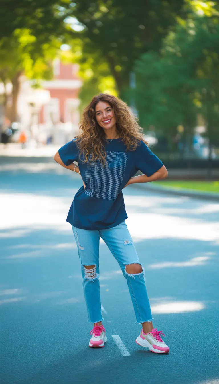 A beautiful woman in a navy blue graphic t-shirt, heavily ripped light wash skinny jeans, and chunky pink and white sneakers, she poses on a paved path.