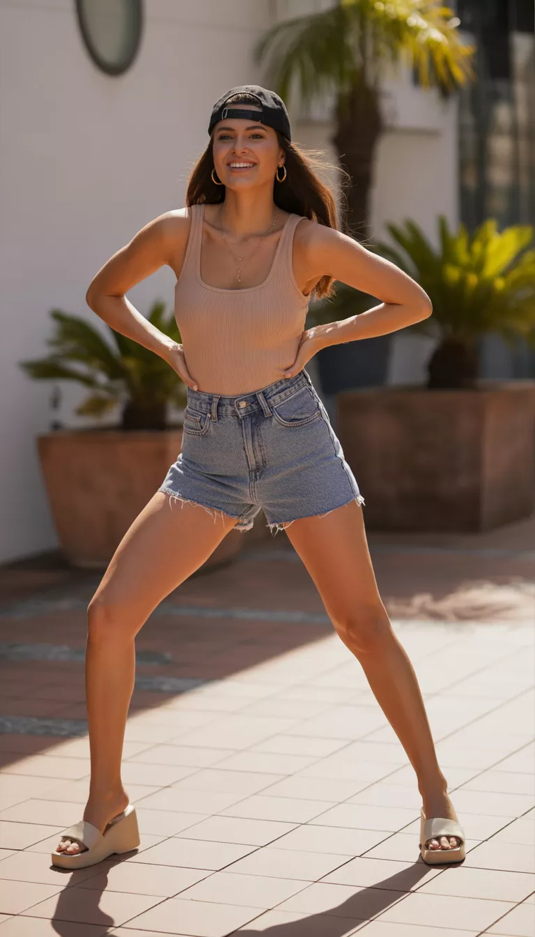 A beautiful woman in a nude-toned tank bodysuit, high-waisted cutoff denim shorts, a black baseball cap, and platform slide sandals, she stands on patterned outdoor tiles.