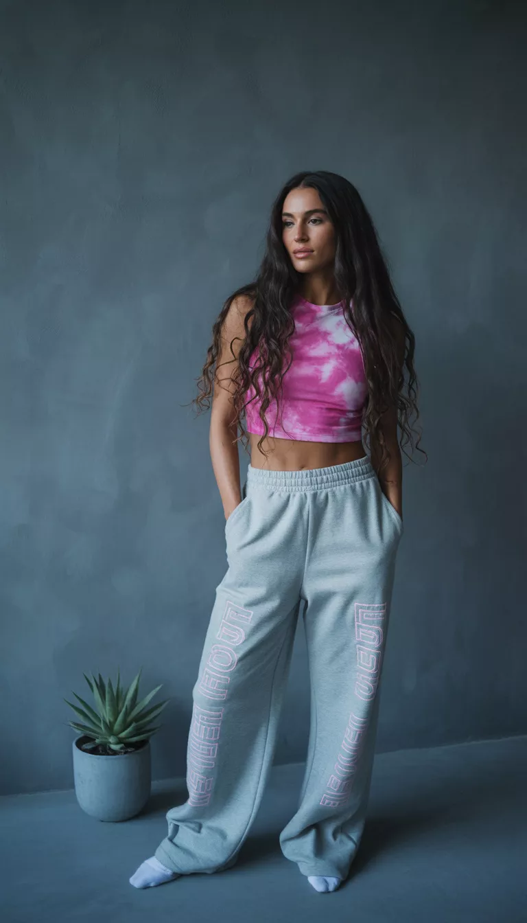 A beautiful woman in a pink tie-dye crop top, oversized light grey sweatpants with pink lettering, and she has very long dark hair, standing against a dark wall.