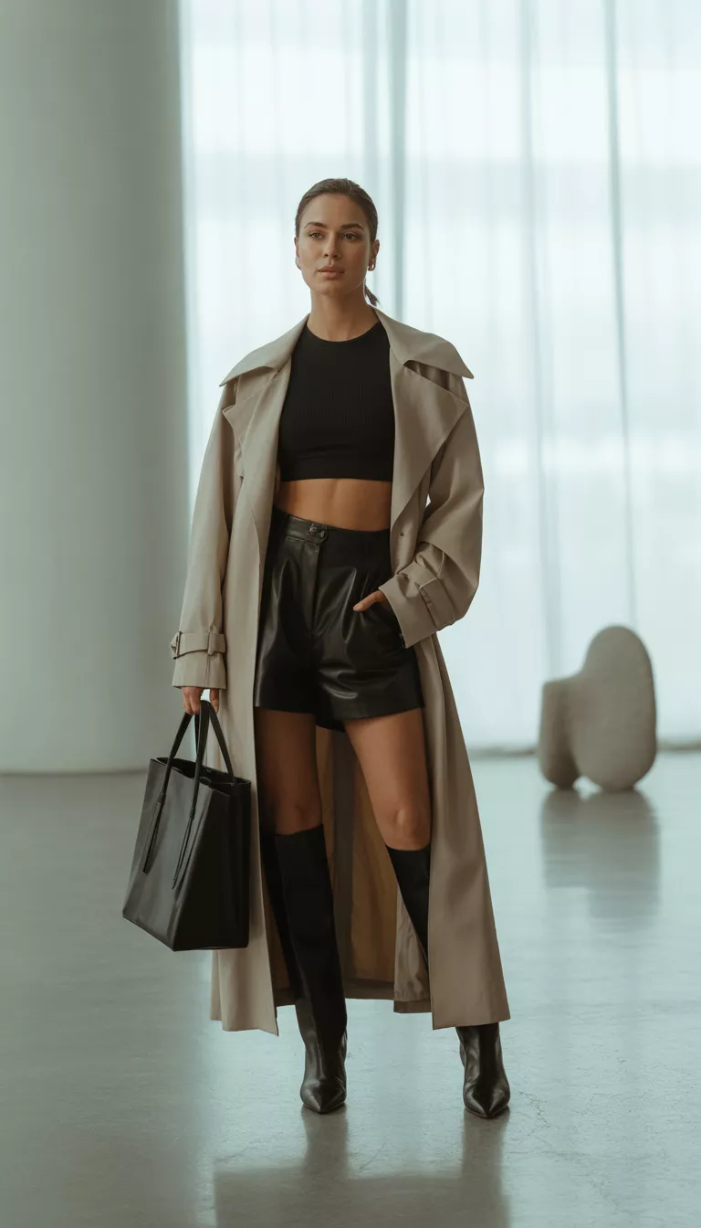 A beautiful woman in a black crop top, a long beige trench coat, black leather shorts, tall black boots, and a black leather tote bag, she stands in a modern interior.