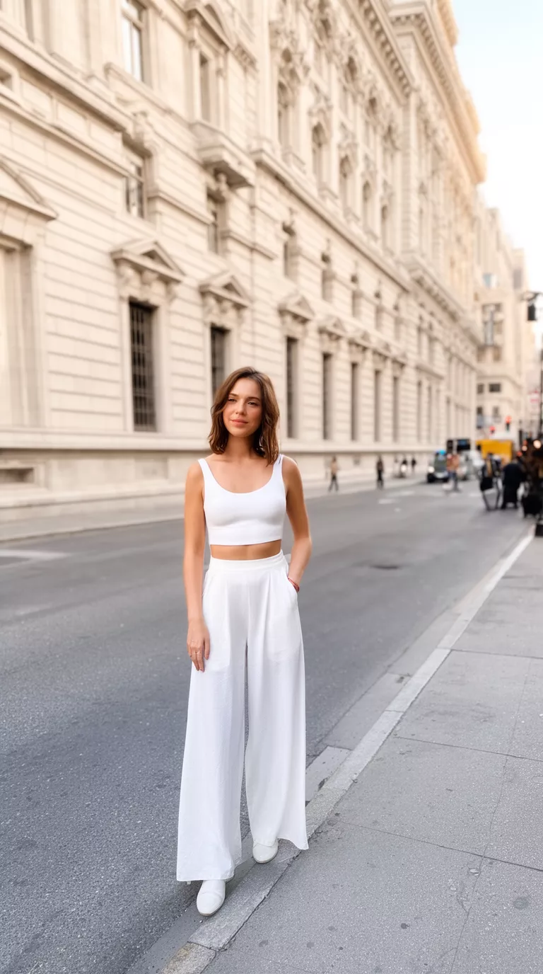 A beautiful woman in a white sleeveless crop top, wide-leg white culottes, she stands on a city sidewalk in front of a majestic light-colored historic building.