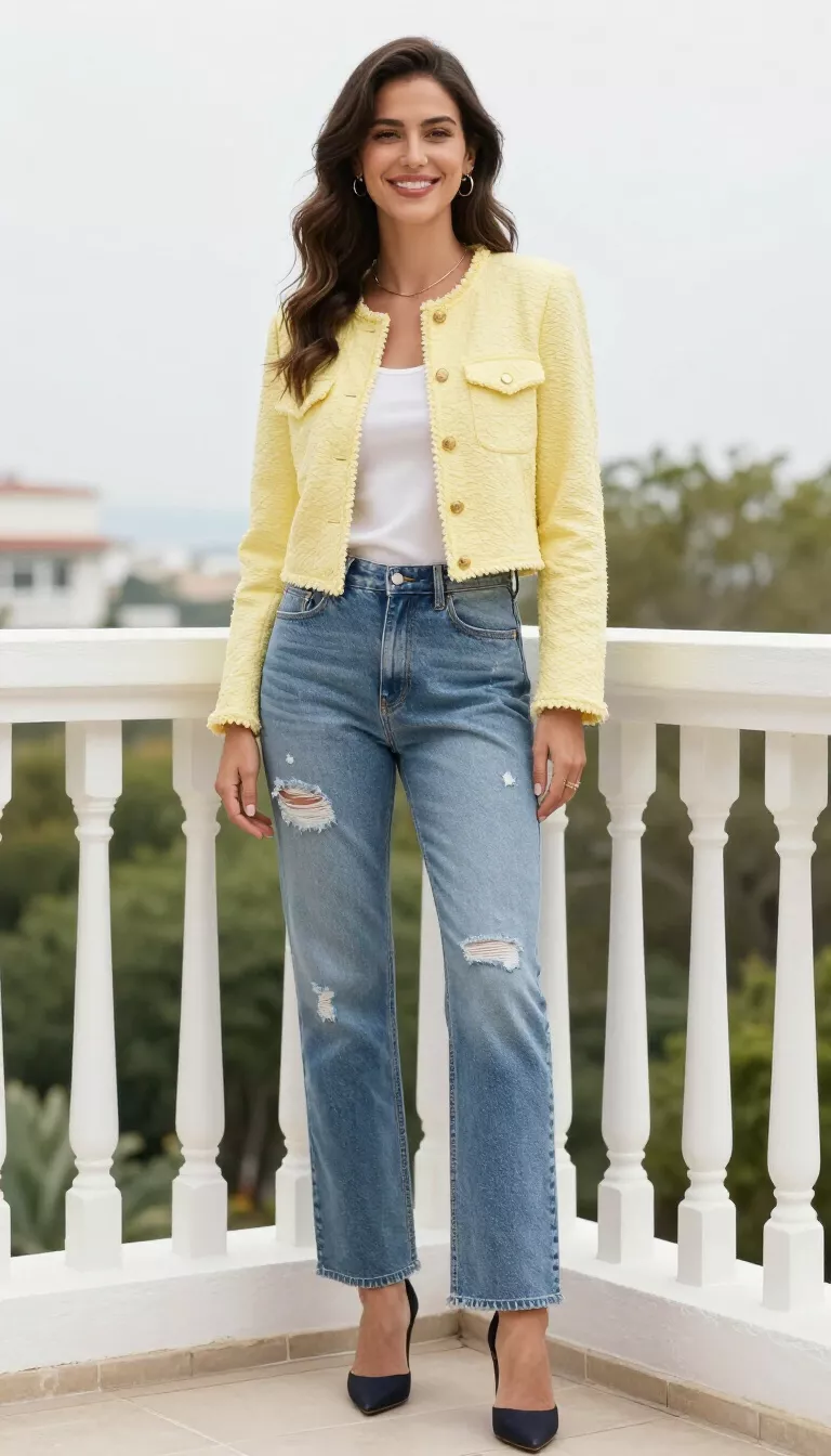 A beautiful woman in a pale yellow textured cropped jacket over a white top, distressed straight-leg jeans, and dark pointed heels, beaming on a balcony with white railings.
