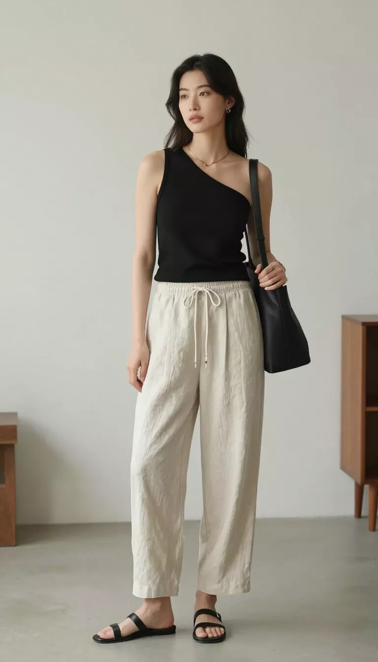 A beautiful woman in a black one-shoulder top, beige linen drawstring pants, black flat sandals, and a black shoulder bag, standing in a minimalist indoor room.