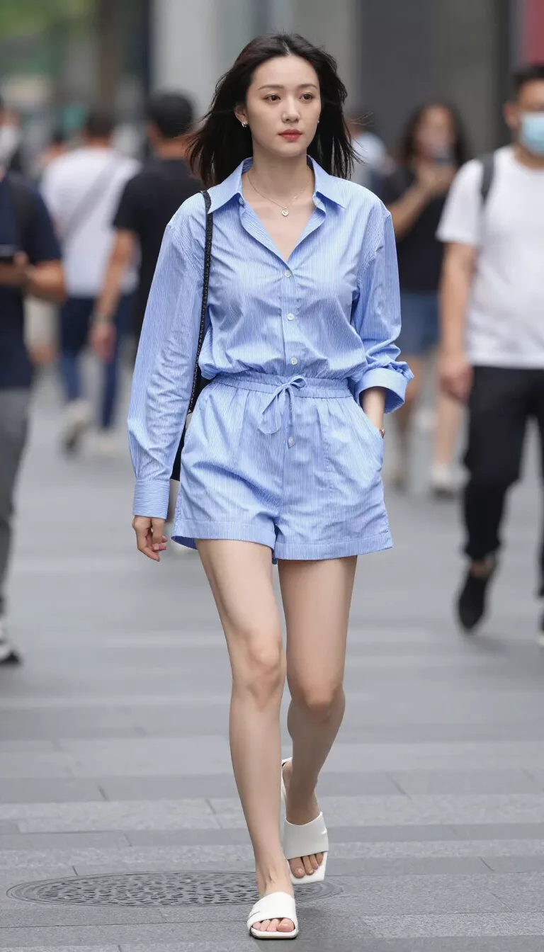 A beautiful woman in a light blue pinstripe button-down shirt worn open over matching pinstripe shorts, white square-toe slides, walking across a busy city street.