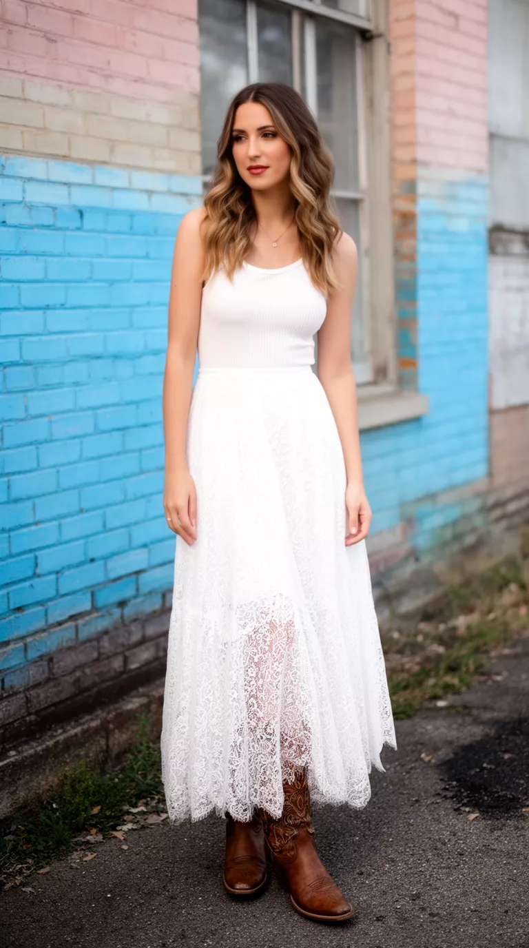 A beautiful woman in a white ribbed tank top, a white lace maxi skirt, and brown cowboy boots, standing outdoors near a painted brick building.