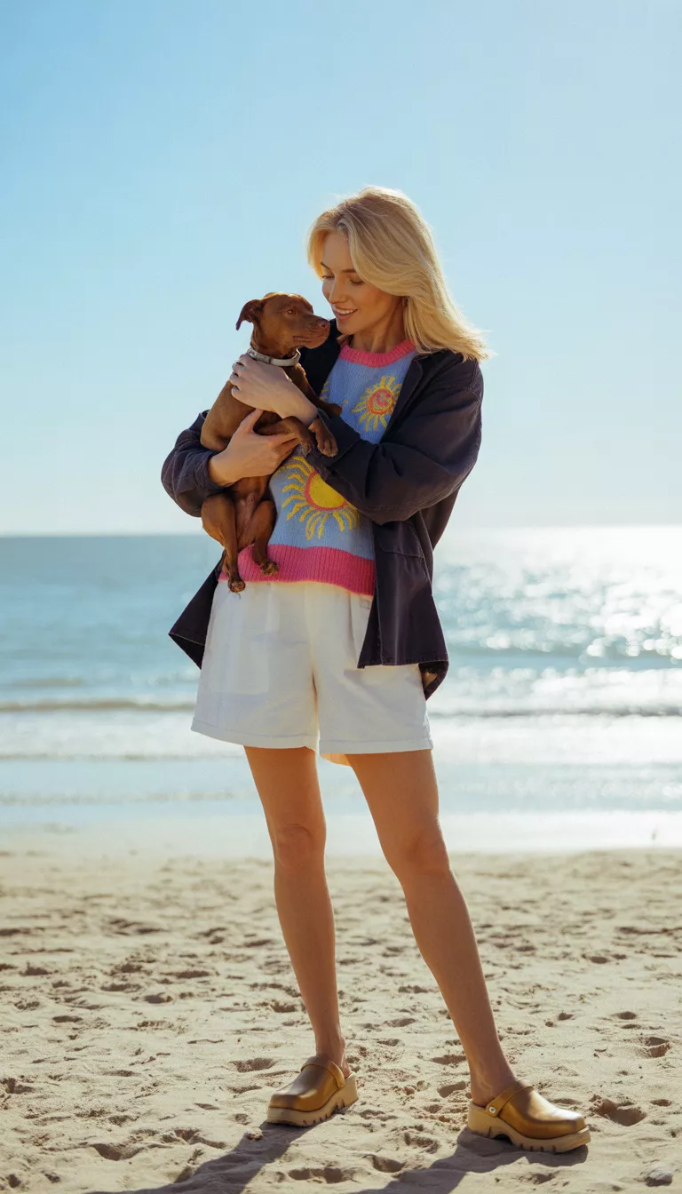 A blonde woman in a vibrant sun patterned sweater, white shorts, and a dark jacket, she wears tan clogs and cradles a brown dog while standing on sand.