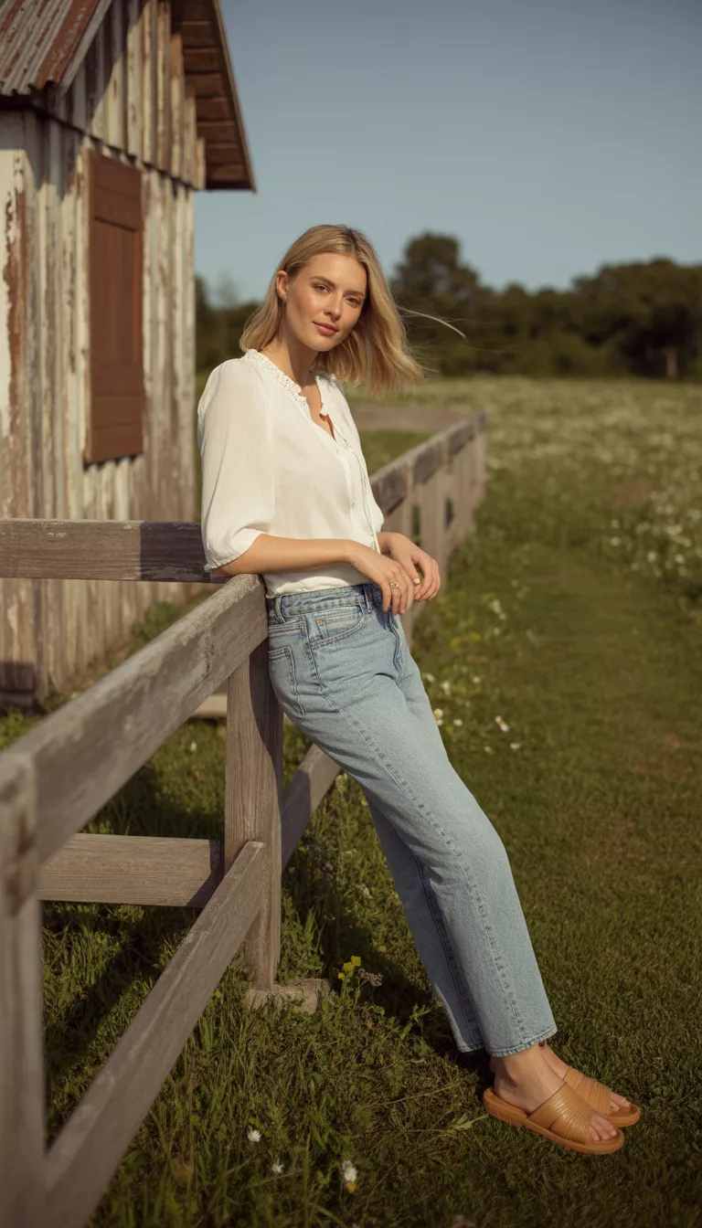A blonde woman in a white ruffle neck blouse, light wash jeans, and tan slides, she leans on a wooden railing near a shack.